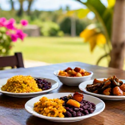 Caribbean Holidays, January Cooking Holidays, Traditional Dominican dishes served at a rustic outdoor table beside a tropical garden, including rice, beans, plantains and stew
