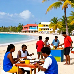 Caribbean Holidays, January Cooking Holidays, Visitors enjoying a Dominican Republic cooking holiday near a sunny beach, with palms, colourful buildings and a relaxed Caribbean atmosphere