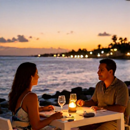 Caribbean Holidays, January Couples, A couple enjoying a candlelit dinner at a relaxed waterfront restaurant in Cura&ccedil;ao at sunset