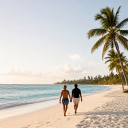 Caribbean Holidays, January Couples, A couple walking hand in hand along a quiet white-sand beach in Barbados at sunrise, turquoise sea and palm trees