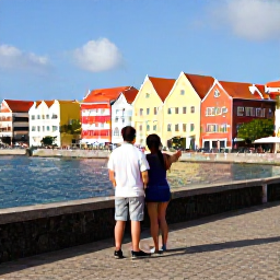 Caribbean Holidays, January Couples, Colourful colonial buildings beside the waterfront in Willemstad, Cura&ccedil;ao, with a couple exploring the street in January sunshine