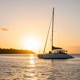Caribbean Holidays, January Couples, Couple enjoying a sunset catamaran cruise off the coast of Barbados, with golden light, calm sea and the island shoreline in the distance