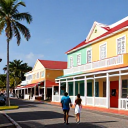 Caribbean Holidays, January Couples, Couple exploring historic Bridgetown, Barbados, with colourful buildings, palm trees and local shops