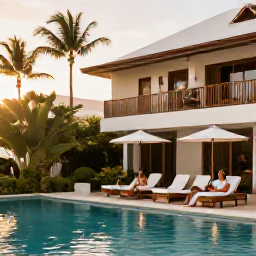 Caribbean Holidays, January Couples, Couple relaxing beside a stylish Barbados hotel pool surrounded by tropical greenery and warm sunshine