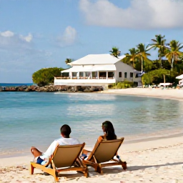 Caribbean Holidays, January Couples, Couple relaxing on sun loungers beside a calm Caribbean beach in Barbados, with a small boutique hotel and palm trees nearby