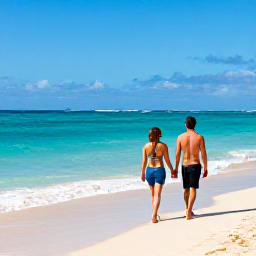 Caribbean Holidays, January Couples, Couple walking hand in hand along a sunlit Barbados beach in January, turquoise sea and pale sand