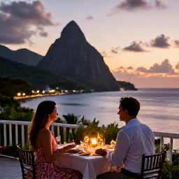 Caribbean Holidays, January Couples Holidays, A candlelit dinner for two on a Saint Lucia terrace overlooking the Caribbean Sea at sunset