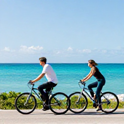 Caribbean Holidays, January Couples Holidays, A couple cycling beside Bermuda&rsquo;s turquoise coastline on a sunny January day