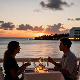 Caribbean Holidays, January Couples Holidays, A couple dining at an intimate waterfront restaurant in Bermuda at sunset