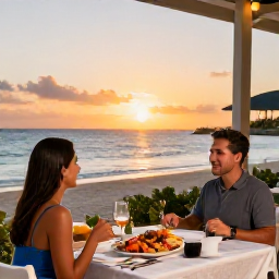 Caribbean Holidays, January Couples Holidays, A couple dining outdoors at a relaxed beachfront restaurant in Providenciales, Turks and Caicos Islands, with fresh seafood and sunset views