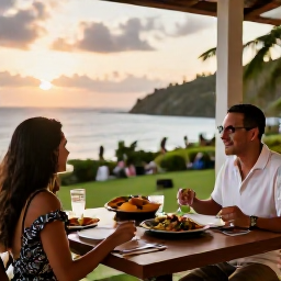 Caribbean Holidays, January Couples Holidays, A couple dining outdoors at a relaxed Montserrat restaurant at sunset, with local Caribbean dishes and soft evening light