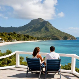 Caribbean Holidays, January Couples Holidays, A couple enjoying a peaceful view over green hills and turquoise Caribbean water from a scenic terrace in Saint Vincent and the Grenadines