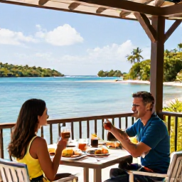 Caribbean Holidays, January Couples Holidays, A couple enjoying breakfast on a shaded terrace overlooking a tropical bay in Saint Vincent and the Grenadines, bright January morning
