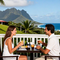 Caribbean Holidays, January Couples Holidays, A couple enjoying breakfast on a sunny hotel terrace overlooking Montserrat's green landscape and Caribbean coastline