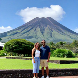 Caribbean Holidays, January Couples Holidays, A couple exploring the historic remains of Plymouth on Montserrat with Soufriere Hills volcano and lush vegetation behind them