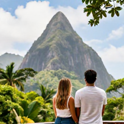 Caribbean Holidays, January Couples Holidays, A couple exploring the Pitons and a tropical rainforest in Saint Lucia, with a scenic viewpoint, vivid greenery and mountain peaks
