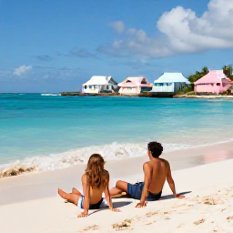 Caribbean Holidays, January Couples Holidays, A couple relaxing on a quiet Bermuda beach with turquoise water and pastel houses in the background