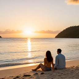 Caribbean Holidays, January Couples Holidays, A couple relaxing on a secluded Caribbean beach at sunset in Saint Vincent and the Grenadines, calm sea and warm golden light