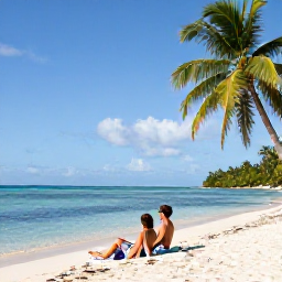 Caribbean Holidays, January Couples Holidays, A couple relaxing on Grace Bay Beach beside calm turquoise water, with palm trees and a bright blue January sky