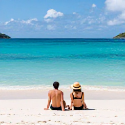 Caribbean Holidays, January Couples Holidays, A couple relaxing together on a quiet white-sand beach in the British Virgin Islands, turquoise sea and bright January sunshine