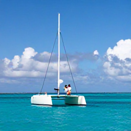 Caribbean Holidays, January Couples Holidays, A couple sailing between green Caribbean islands with bright blue sea and a small catamaran in the foreground