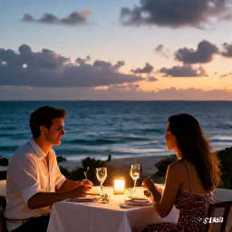 Caribbean Holidays, January Couples Holidays, A couple sharing a candlelit dinner at a relaxed seaside restaurant overlooking the Caribbean at sunset