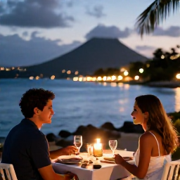 Caribbean Holidays, January Couples Holidays, A couple sharing a candlelit dinner at a relaxed waterfront restaurant in the Caribbean, softly lit evening in Saint Vincent and the Grenadines
