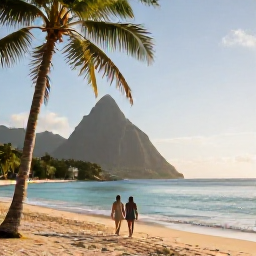 Caribbean Holidays, January Couples Holidays, A couple walking along a quiet palm-fringed beach in Saint Lucia at sunrise, warm January light and calm turquoise water