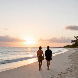 Caribbean Holidays, January Couples Holidays, A couple walking barefoot along a quiet white-sand beach at sunset on Providenciales, Turks and Caicos Islands