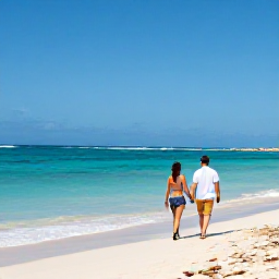 Caribbean Holidays, January Couples Holidays, A couple walking hand in hand along a bright Cura&ccedil;ao beach in January, with calm turquoise water and a clear blue sky