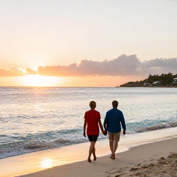 Caribbean Holidays, January Couples Holidays, A couple walking hand in hand along a calm Caribbean beach at sunrise on Saint Martin