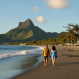 Caribbean Holidays, January Couples Holidays, A couple walking hand in hand along a quiet black-sand beach in Montserrat in warm January sunshine, Caribbean sea and green hills in the background
