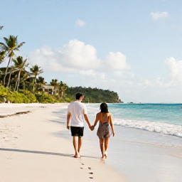 Caribbean Holidays, January Couples Holidays, A couple walking hand in hand along a quiet Caribbean beach in Saint Vincent and the Grenadines during a sunny January morning