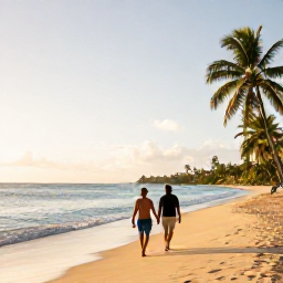 Caribbean Holidays, January Couples Holidays, A couple walking hand in hand along a quiet golden beach on Saint Kitts at sunrise, calm turquoise sea and palm trees