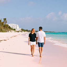 Caribbean Holidays, January Couples Holidays, A couple walking hand in hand along a quiet pink-sand beach in Bermuda in soft January sunshine