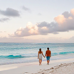Caribbean Holidays, January Couples Holidays, A couple walking hand in hand along a quiet white-sand beach in Saint Barth&eacute;lemy at sunrise, calm turquoise sea and soft January light