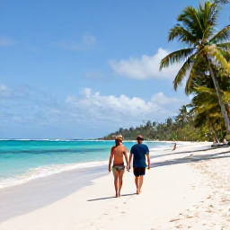 Caribbean Holidays, January Couples Holidays, A couple walking hand in hand along a quiet white-sand beach in Saint Vincent and the Grenadines in January, with turquoise sea and palm trees