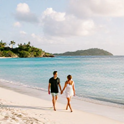 Caribbean Holidays, January Couples Holidays, A couple walking hand in hand along a quiet white-sand beach in St Thomas, United States Virgin Islands, with turquoise water and gentle morning light