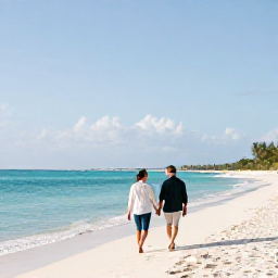 Caribbean Holidays, January Couples Holidays, A couple walking hand in hand along a quiet white-sand beach in The Bahamas on a sunny January morning, clear turquoise water and soft blue sky