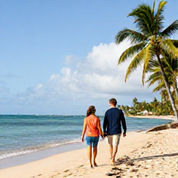 Caribbean Holidays, January Couples Holidays, A couple walking hand in hand along a sunny Puerto Rican beach in January, with calm turquoise water and palm trees