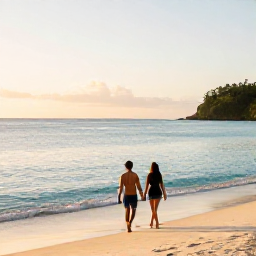 Caribbean Holidays, January Couples Holidays, A couple walking hand in hand along Grand Anse Beach in Grenada at sunrise, calm turquoise sea and soft golden light