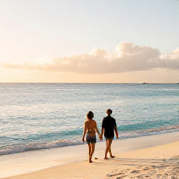 Caribbean Holidays, January Couples Holidays, A couple walking hand in hand along Seven Mile Beach in the Cayman Islands at sunrise, soft golden light, calm turquoise sea