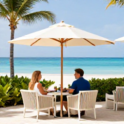 Caribbean Holidays, January Couples Holidays, A relaxed couple enjoying a stylish beachfront resort terrace in Providenciales, Turks and Caicos Islands, during a sunny January afternoon