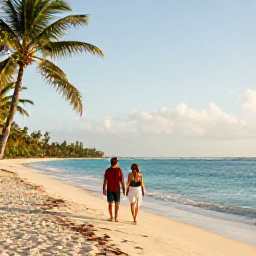Caribbean Holidays, January Couples Holidays, A relaxed couple walking along a bright Caribbean beach in January, turquoise sea, soft morning sunlight, palm trees and quiet golden sand