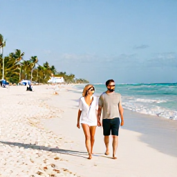 Caribbean Holidays, January Couples Holidays, A relaxed couple walking along a bright white Caribbean beach in Punta Cana, Dominican Republic, in warm January sunshine