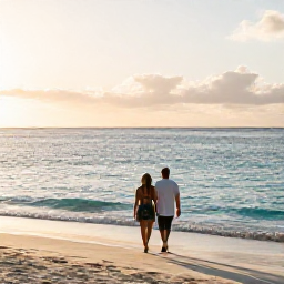 Caribbean Holidays, January Couples Holidays, A relaxed couple walking along Seven Mile Beach in the Cayman Islands at sunrise, calm turquoise sea and soft golden light