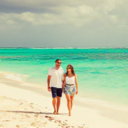 Caribbean Holidays, January Couples Holidays, A romantic couple walking along a quiet white-sand beach in The Bahamas in January, turquoise sea, warm sunlight, relaxed Caribbean atmosphere