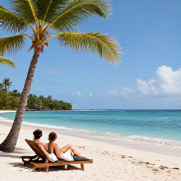 Caribbean Holidays, January Couples Holidays, A romantic Saint Lucia beach with two sun loungers, palm trees, gentle waves and a couple relaxing beside the sea