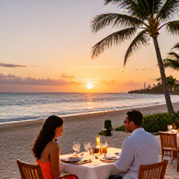 Caribbean Holidays, January Couples Holidays, Couple dining at a beachfront restaurant at sunset with the sea and palm trees in the Dominican Republic
