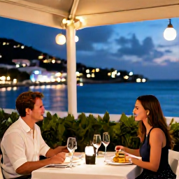 Caribbean Holidays, January Couples Holidays, Couple dining at a waterside restaurant in Grand Case, Saint Martin, evening lights, Caribbean seafood and a romantic atmosphere